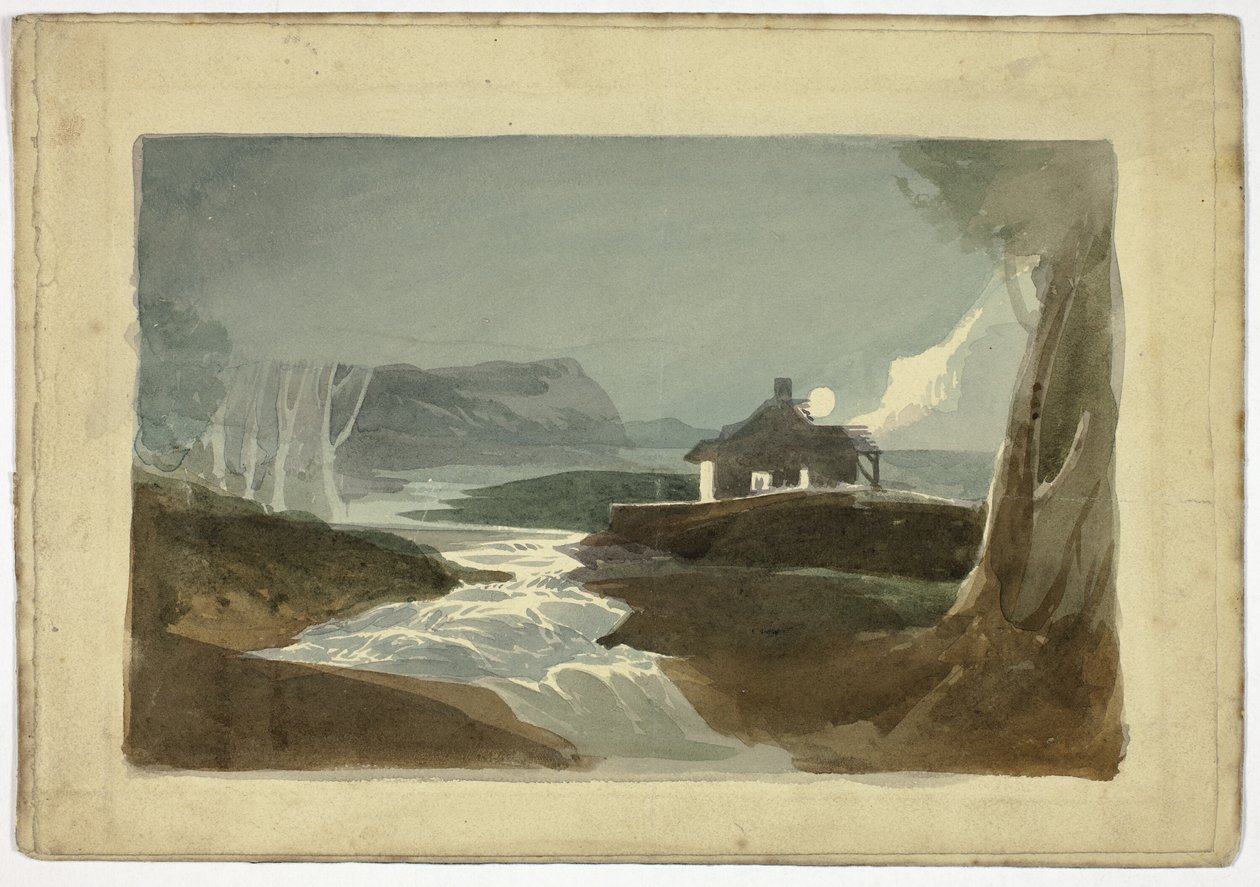 Şelale Kenarında Kulübe Üzerinde Ay (recto); Kule ve Sazdan Çatılı Şehir Evi (verso) by Unknown artist