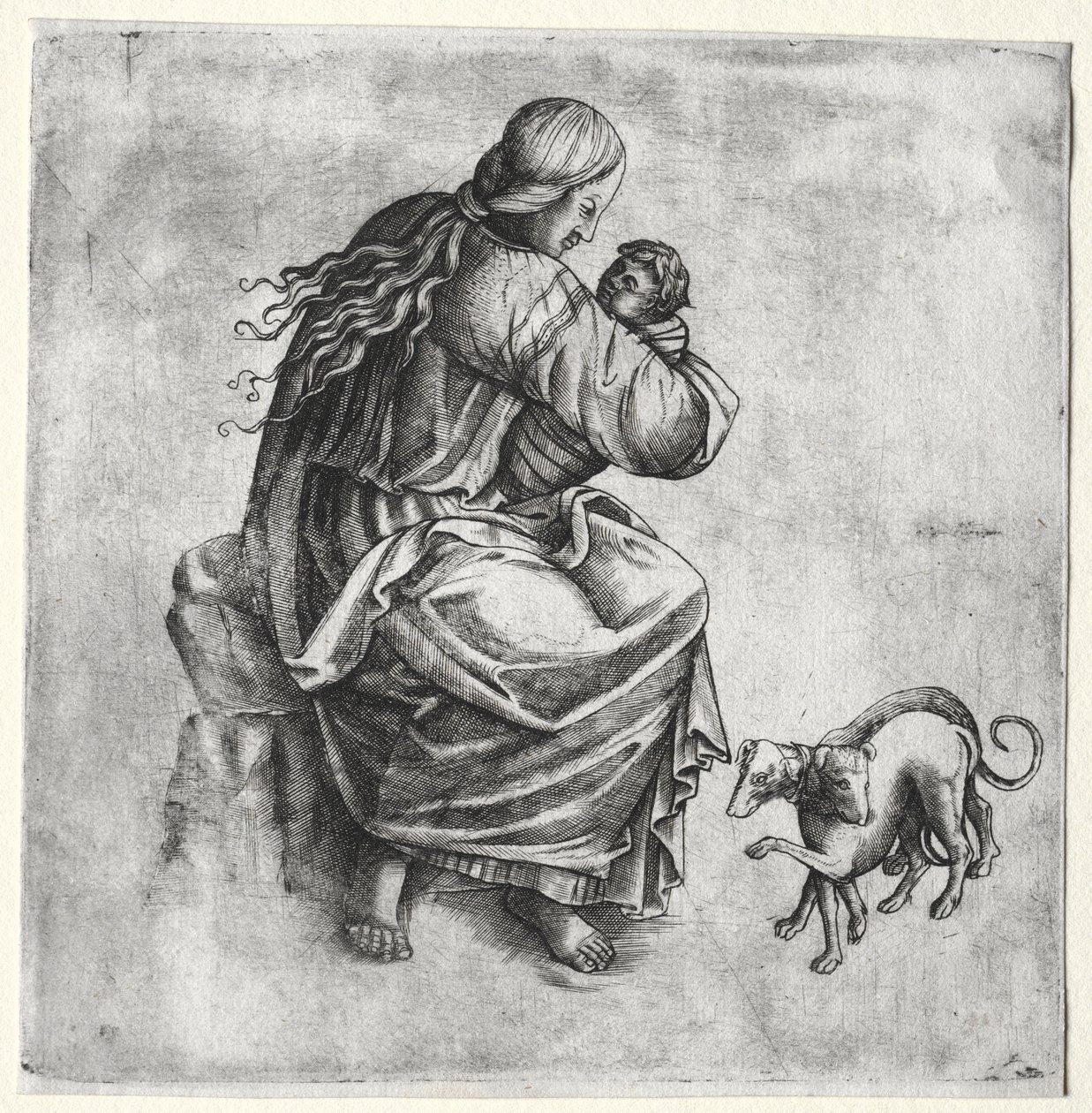 İki Köpekli Anne ve Çocuk by Unknown artist