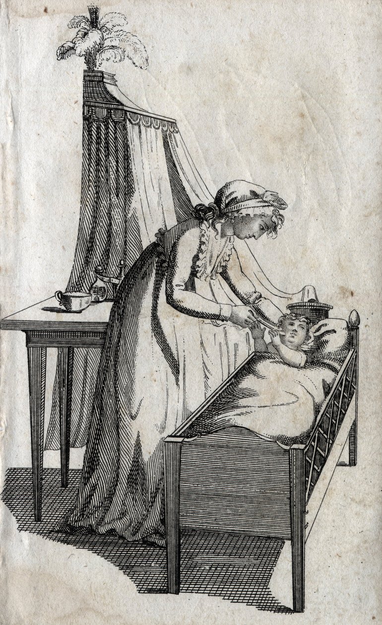Anne ve bebek beşikte. 18. yüzyılın sonlarında gravür. Özel koleksiyon. by Unknown artist