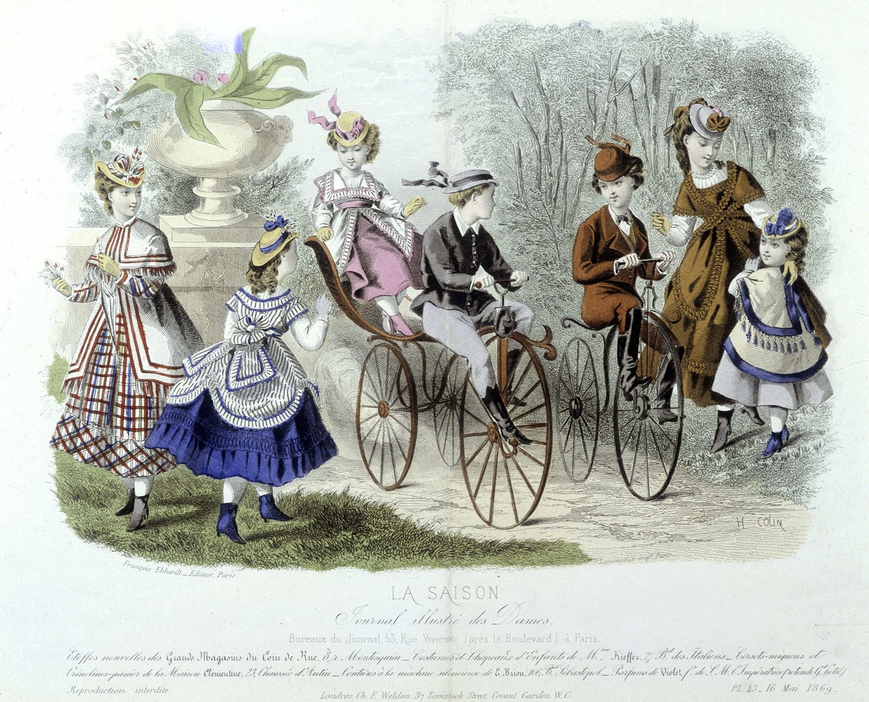 Anaokulunda anneler, çocuklar ve bisikletler (çocuk modası) - “” Le dergi illustré des dames”” by Unknown artist