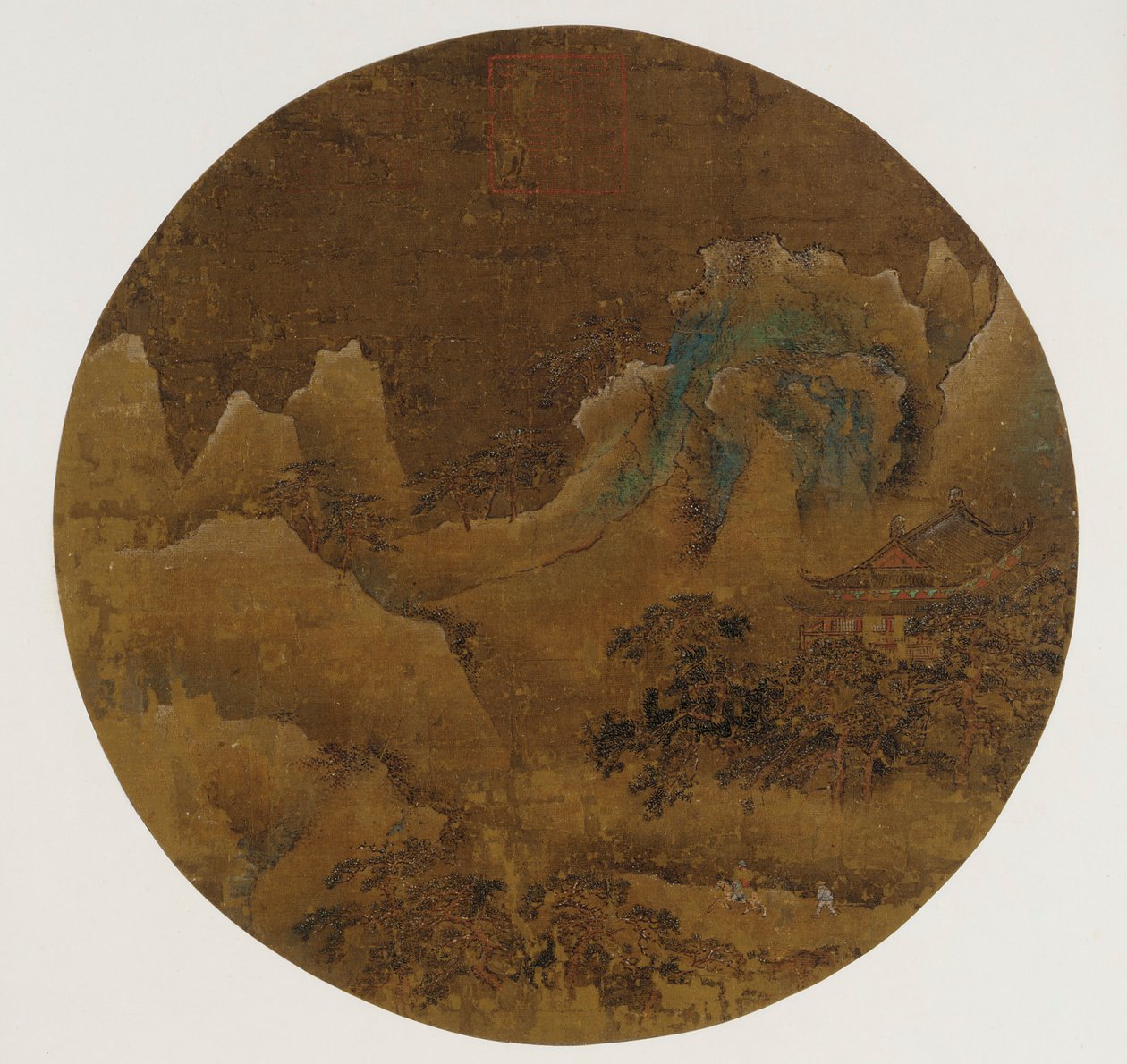 Dağ manzarası: sarp kayalıklar, tapınak ve çamlar by Unknown artist