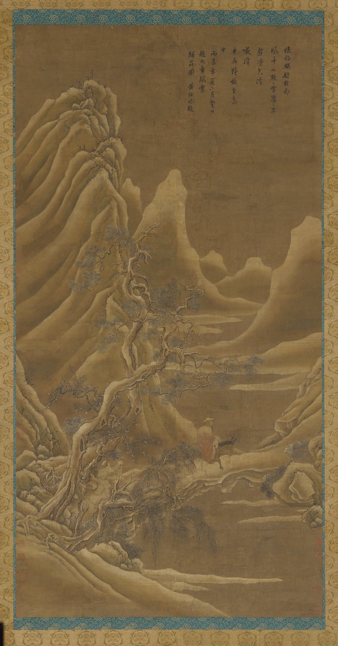 Dağlar, nehir ve çamlar - eşeğin üzerinde bir adam by Unknown artist