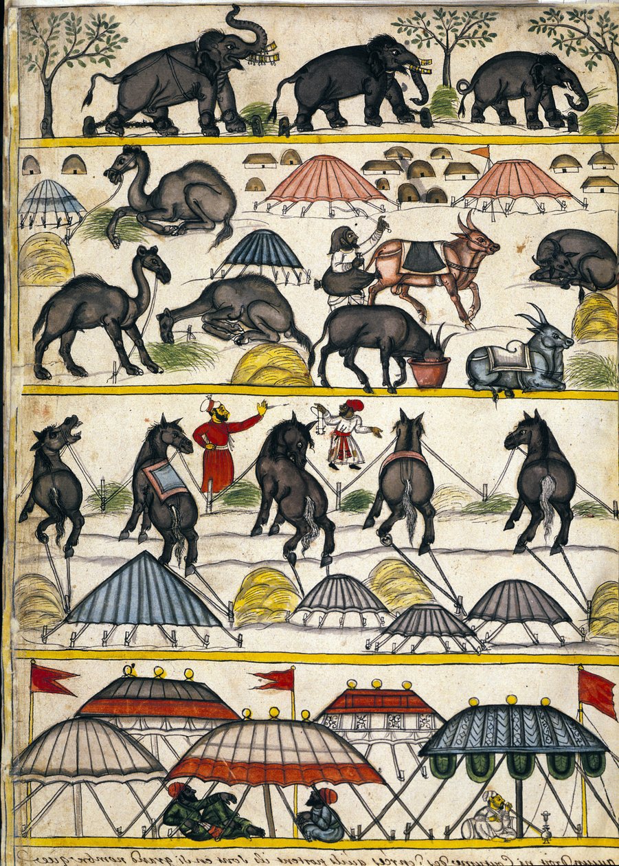 Babür askeri kampı. Stefano Nivibus Cardeira'nın “Mogol Tarihi” (Moğol veya Moğol) el yazmasından (ms.8300) sayfa. 18. yüzyıl. Bibloteca marciana, Venedik by Unknown artist