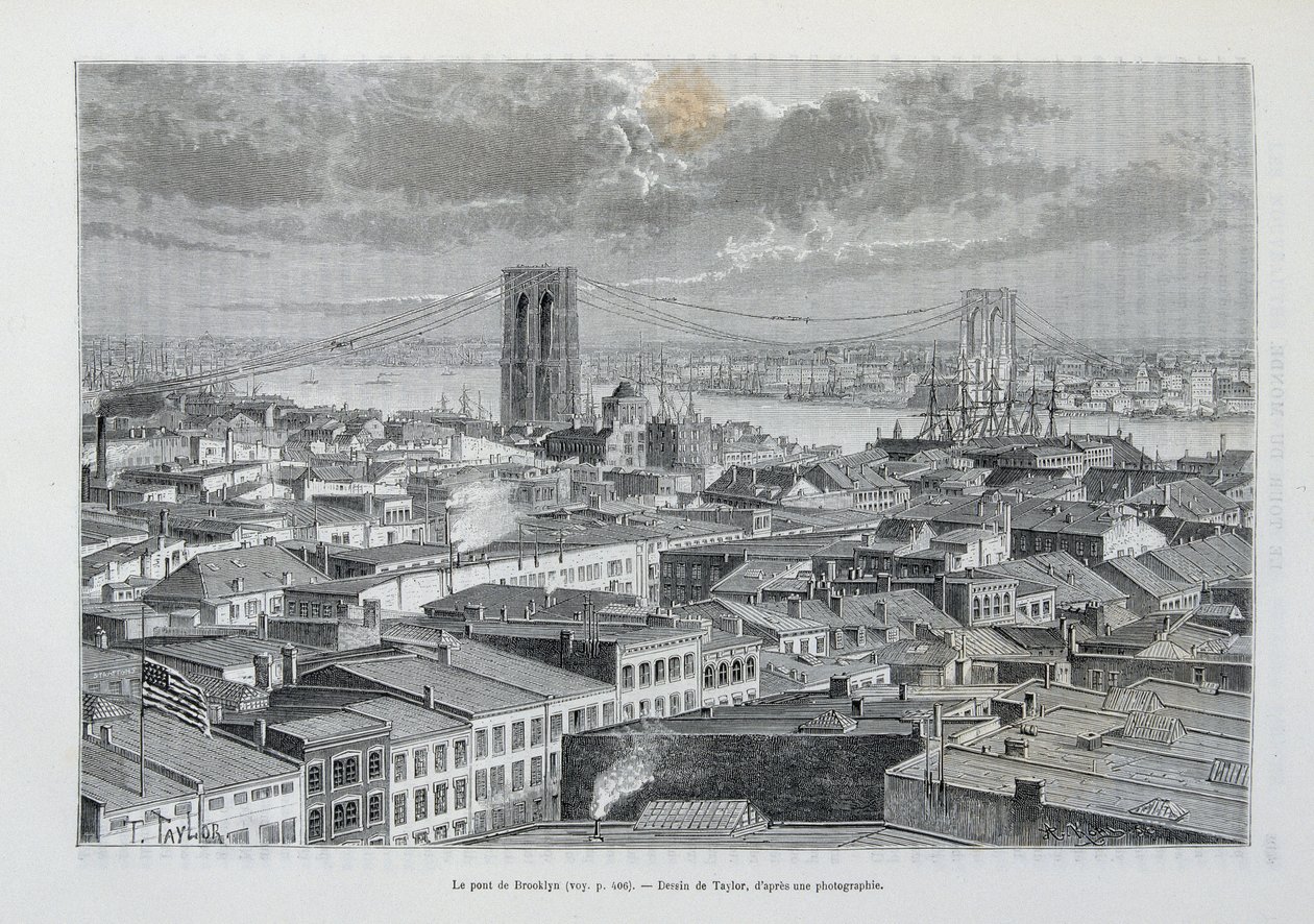 New York ve Brooklyn Köprüsü yapım aşamasında - “” Dünya Turu”nda, 2. Sem. 1881 by Unknown artist