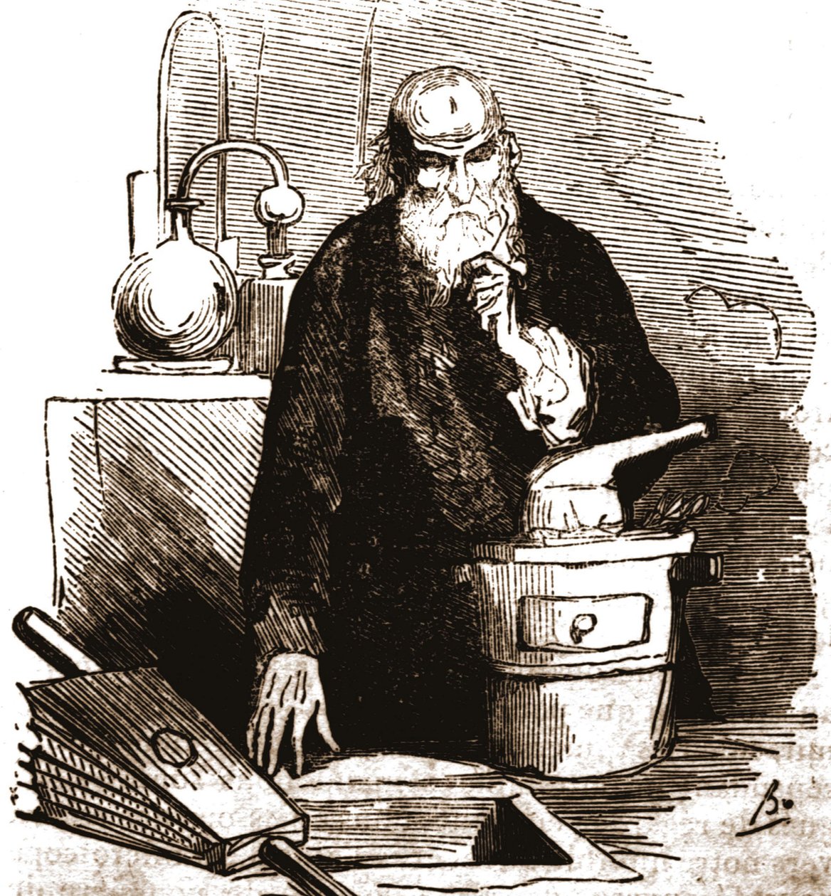 Nicolas Flamel (1330 - 1418) laboratuvarında. by Unknown artist