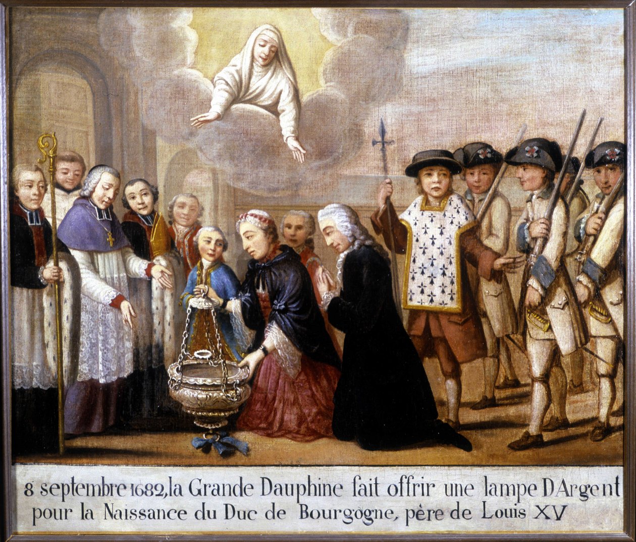 8 Eylül 1682'de, büyük yunus Burgonya Dükü'nün (Louis de France) doğumu için gümüş bir lamba sundu. by Unknown artist