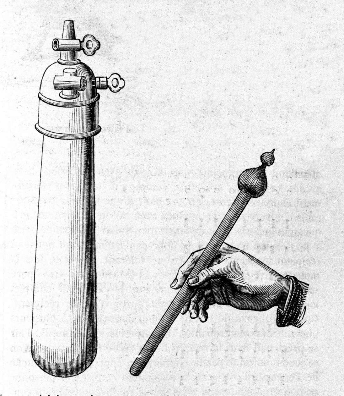Solda bir kap, vakumda sıvıların katı bir kütle gibi düştüğünü göstermek için (sağda temsil edilen) ilk su çekici deneyimi için kullanır. Oymak by Unknown artist