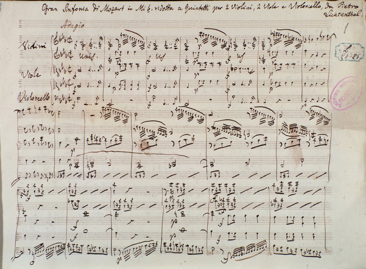 E bemol keman ve viyola için Senfoni konçertantı için nota sayfası, Mozart tarafından, Lichtenthal versiyonu by Unknown artist
