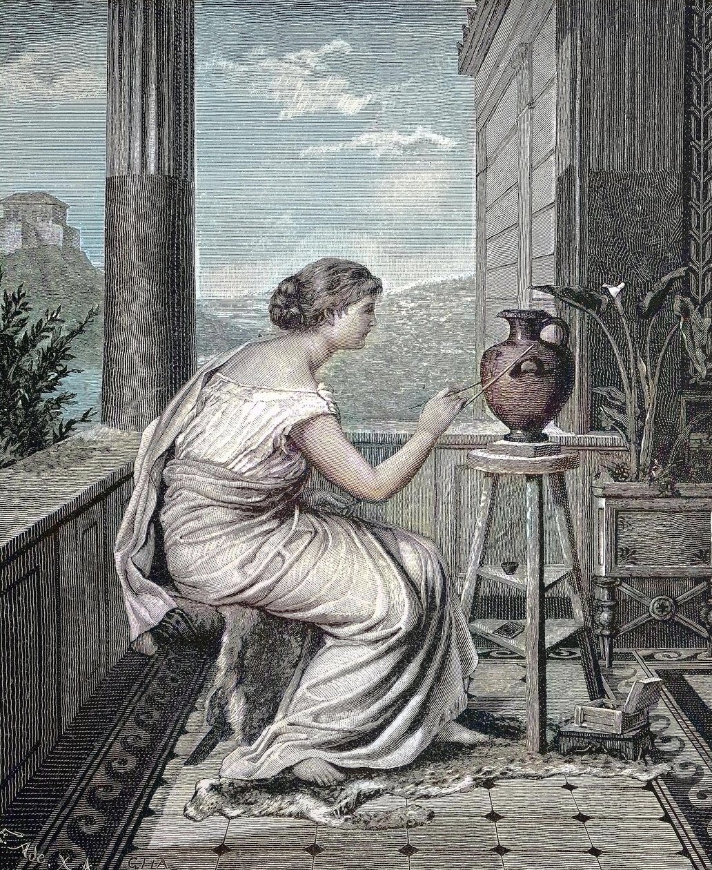 Ressam, Sanatçı, Vazo Boyama Genç Yunan Kadın, Orijinal Bir 19. Yüzyıl Resminin Tarihsel, Dijital Reprodüksiyonu by Unknown artist
