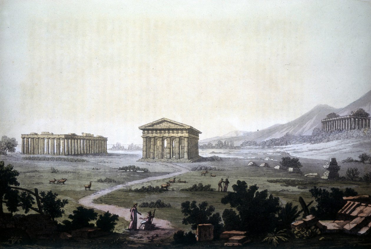 Paestum tapınaklarını betimleyen tablo, şimdiki Capaccio. by Unknown artist