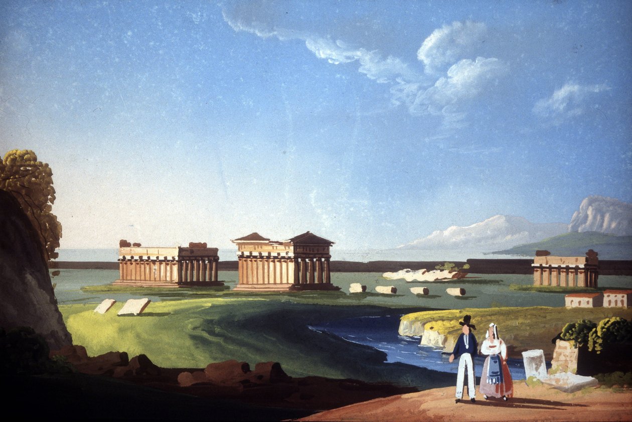 Paestum tapınaklarını betimleyen tablo, şimdiki Capaccio. by Unknown artist