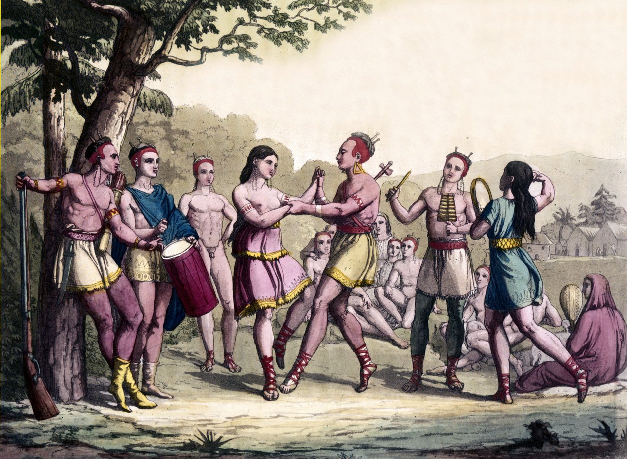 Iroquois Kızılderilileri arasında parti sahnesi. 17. yüzyıl gravürü. by Unknown artist