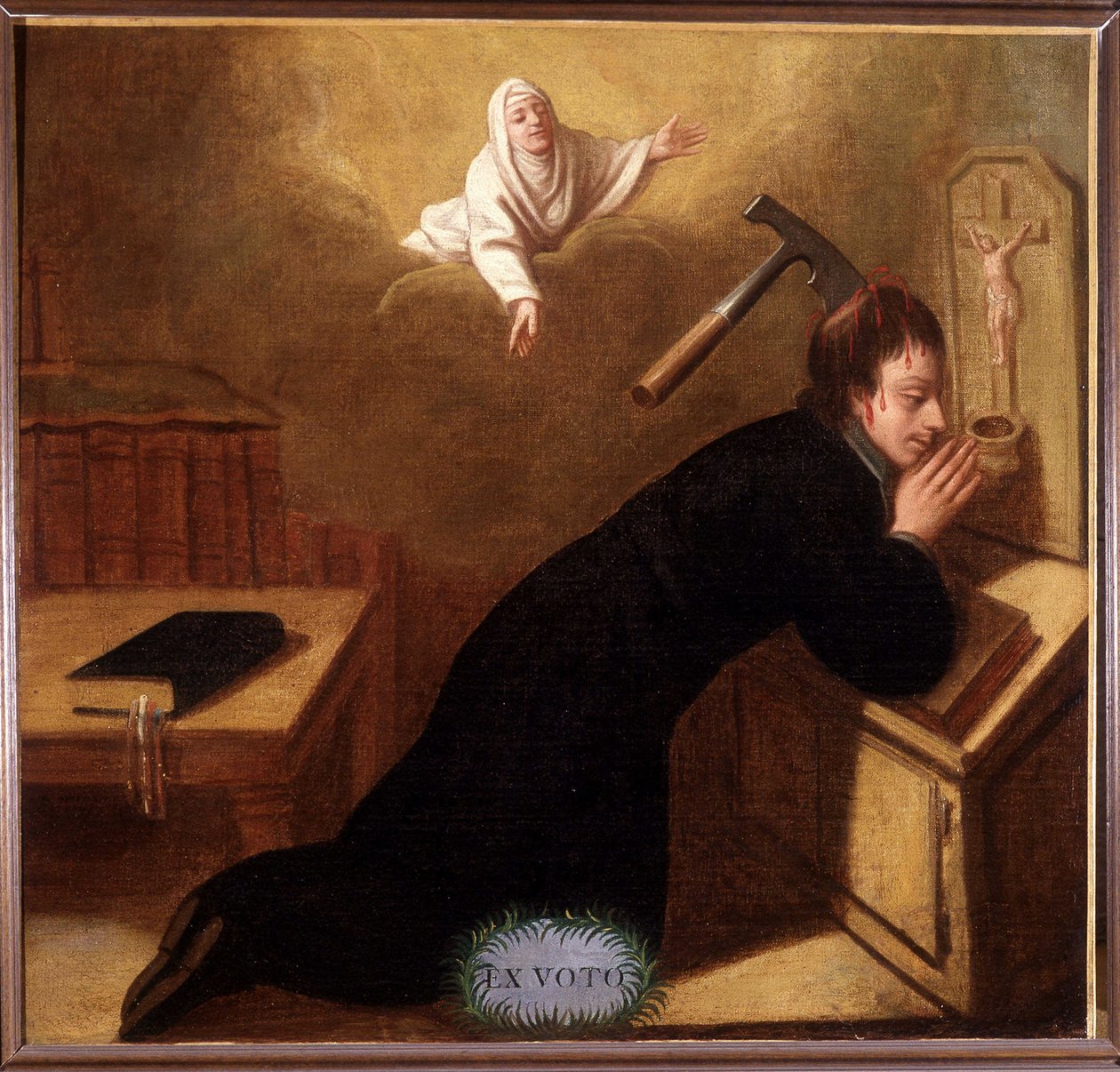 Papaz, kafatasına dikilmiş bir balta, Saint Anne tarafından dua sırasında kurtarıldı - Ex-Voto Sainte Anne d'Auray (tuval üzerine yağlı boya) by Unknown artist