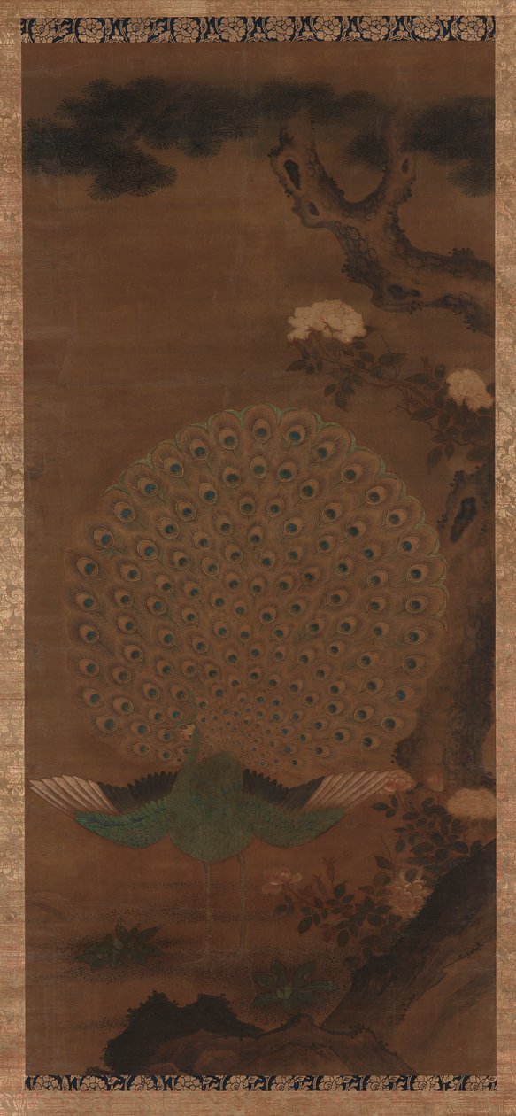 Tavus kuşu, şakayık ve çam by Unknown artist