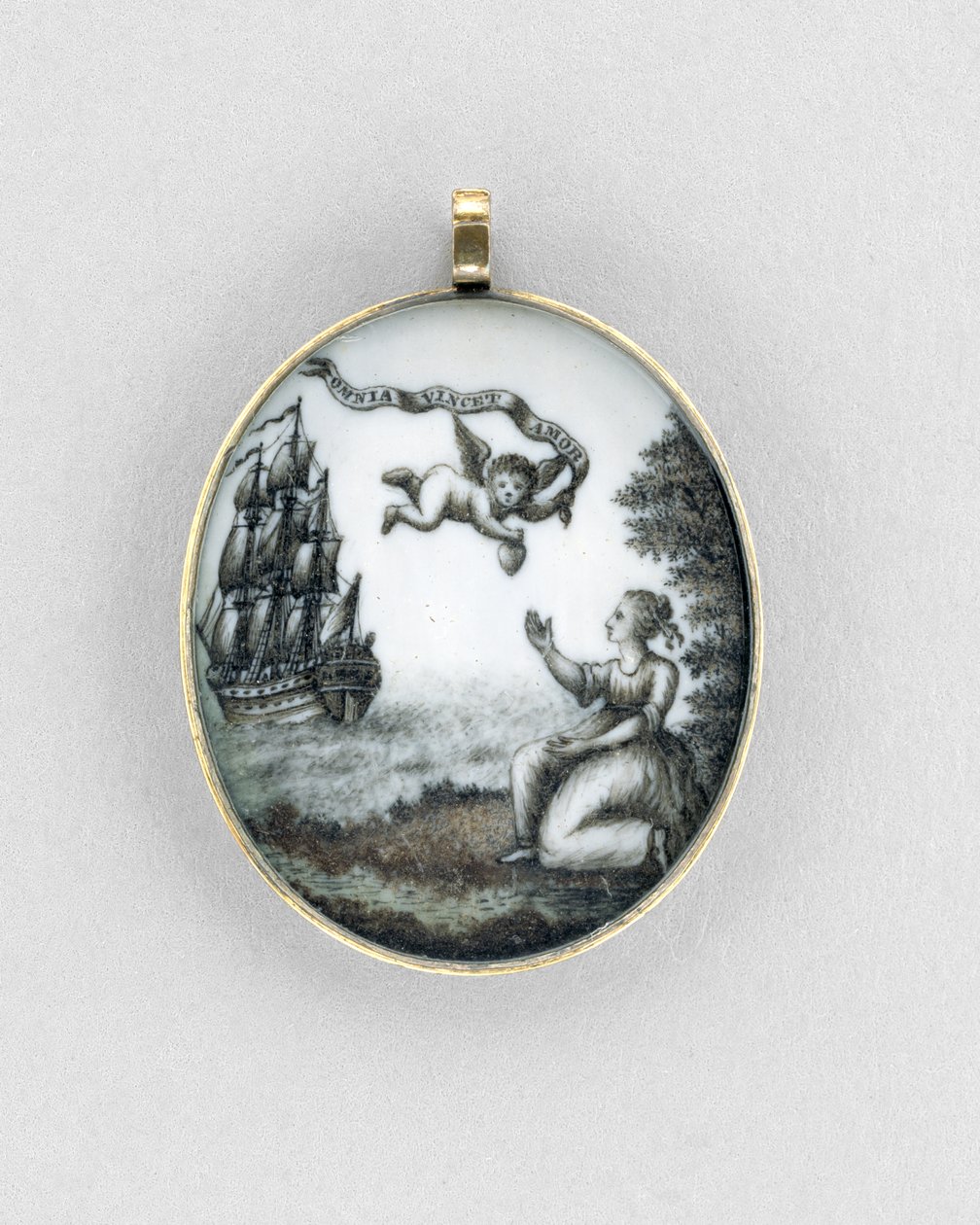 Pendant, c.1750 (sepia on ivory, gold, hair & glass) by Unknown artist