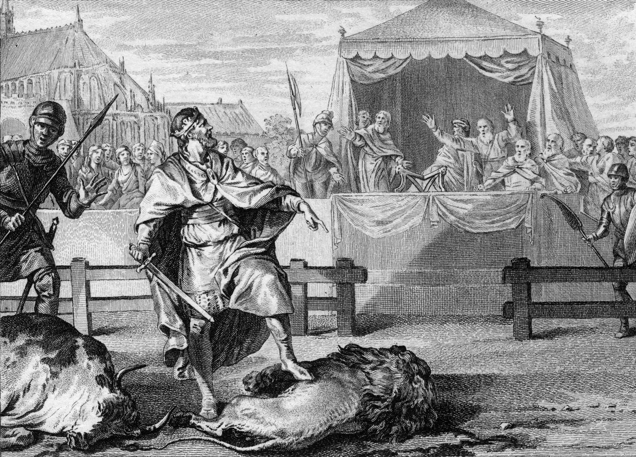 Frankların yeni kralı Pepin le Brief (714-768), bir arenada bir aslan ve bir boğayla dövüşerek cesaretini kanıtlıyor, 751. 18. yüzyıl gravürü. by Unknown artist