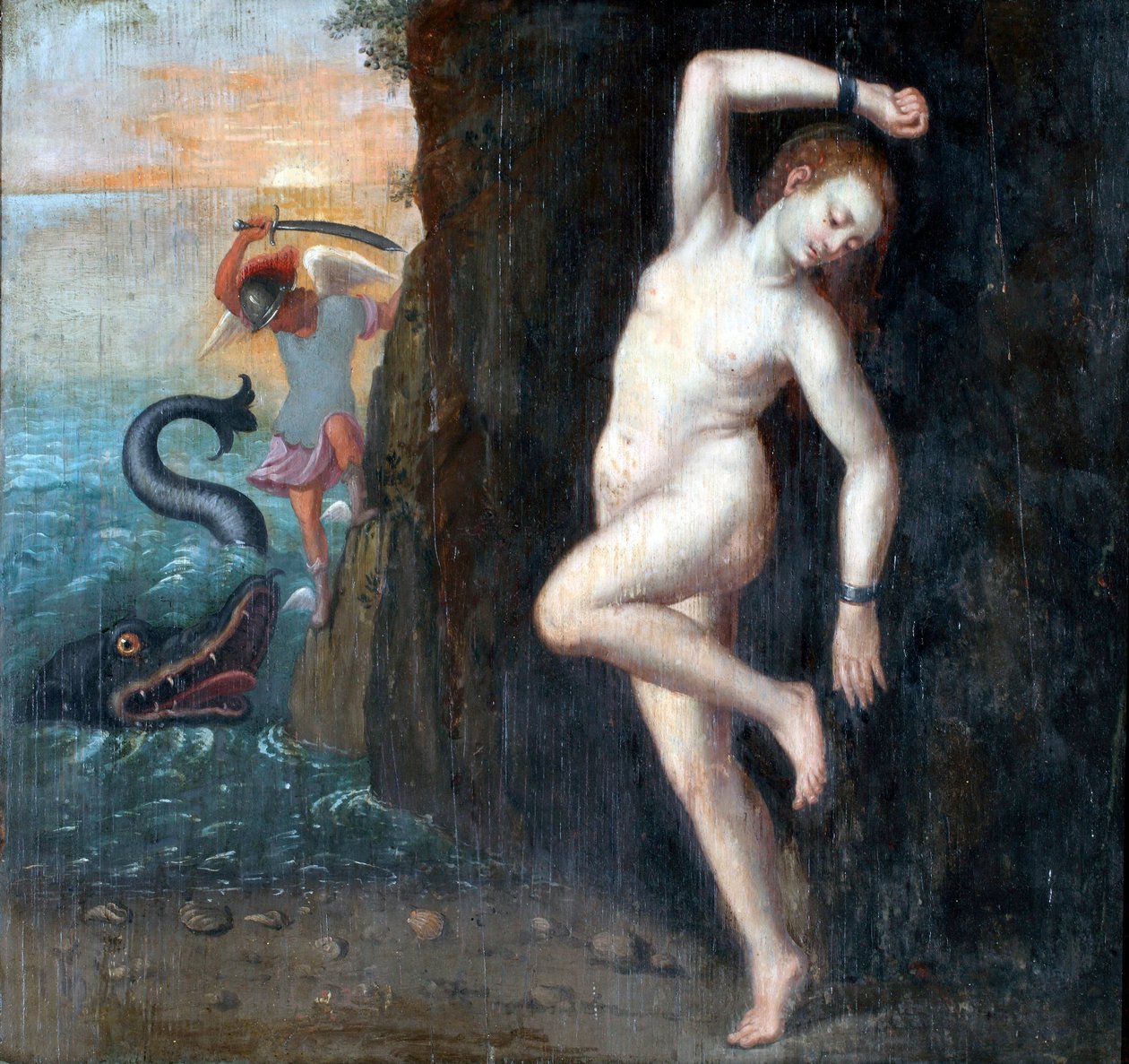 Persee et Andromede - Perseus ve Andromeda par Anonymous, yaklaşık. 1600 - Ahşap üzerine yağlı boya, 62x65,4 - Ptuj Ormo_ Bölge Müzesi by Unknown artist