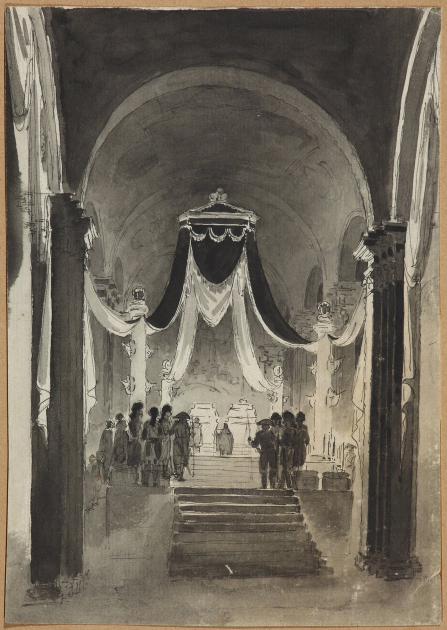 Peter III ve Catherine II için Mezar Törenine Peter ve Paul Katedrali Dekorasyonu - Anonim. Kağıt üzerine kalem, fırça, sulu boya, mürekkep by Unknown artist