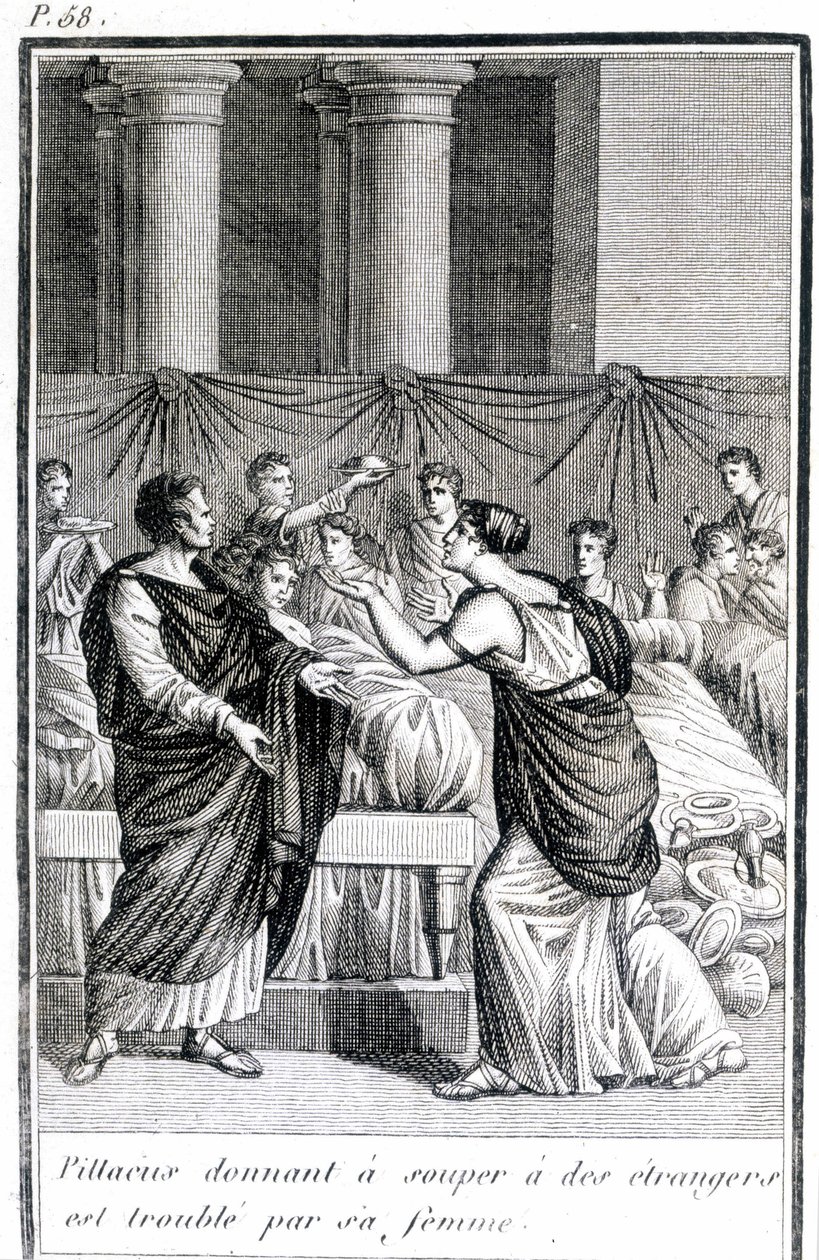 Yabancılara yemek veren Pillacus, karısı tarafından rahatsız edilir. by Unknown artist