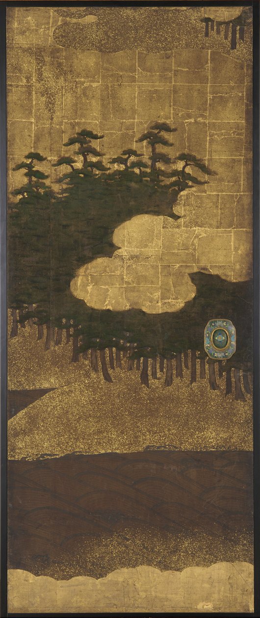 Çam ağaçları, su ve bulutlar by Unknown artist