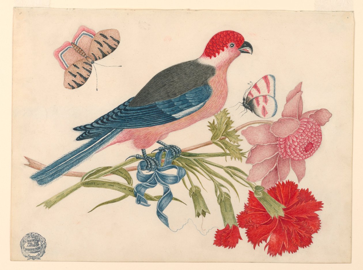 Çiçekleri ve kelebekler ile dalda pembe, kırmızı, mavi ve siyah kuş by Unknown artist