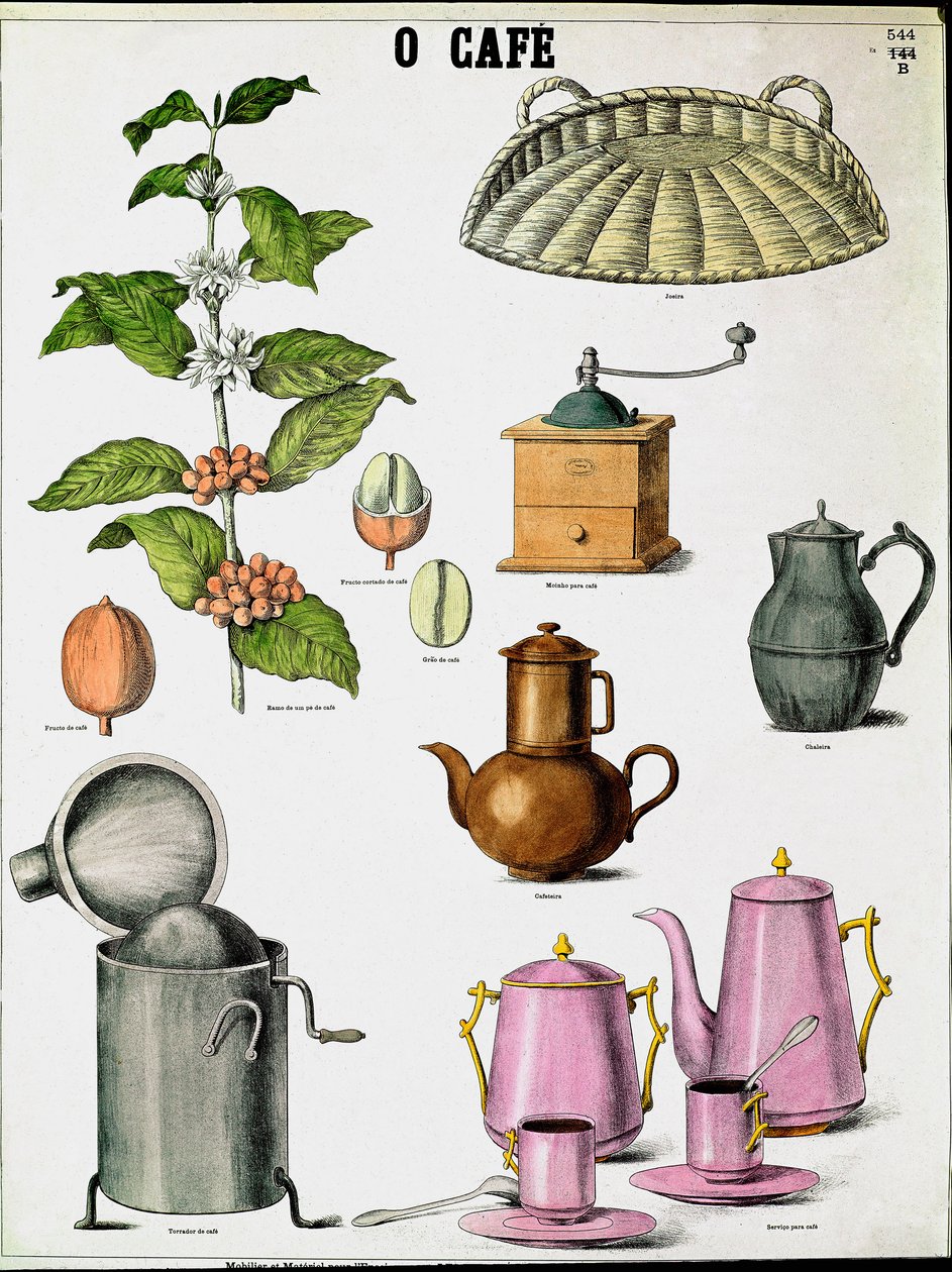 Kahve, kahve dalı, değirmen ve farklı kahve makineleri yapmanın farklı aşamalarını gösteren tabak. 19. yüzyıl Özel Koleksiyonunun gravürü by Unknown artist