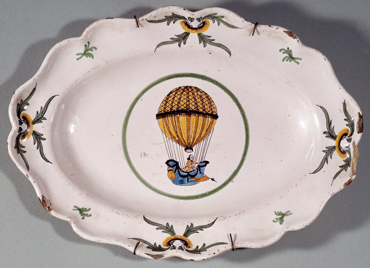 Balon içinde bir yükselişin temsilini gösteren fayans dekorlu plaka. 18. yüzyıl Özel Koleksiyonu by Unknown artist