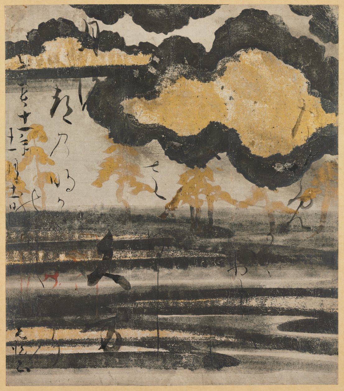 Bir Sahilde Çam Tasarımlı Shinkokin wakashu'dan (Antik ve Modern Zamanlardan Japon Şiirlerinin Yeni Koleksiyonu) şiir kartı by Unknown artist