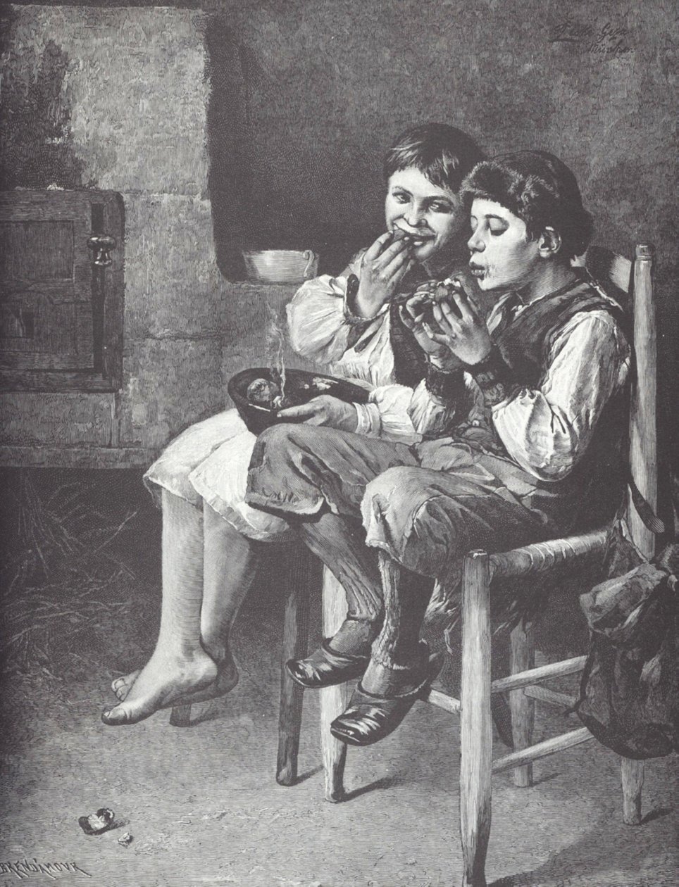 Yoksul çocuklar yemek yiyor, 19. yüzyılın sonlarında (ahşap oymacılığı) by Unknown artist