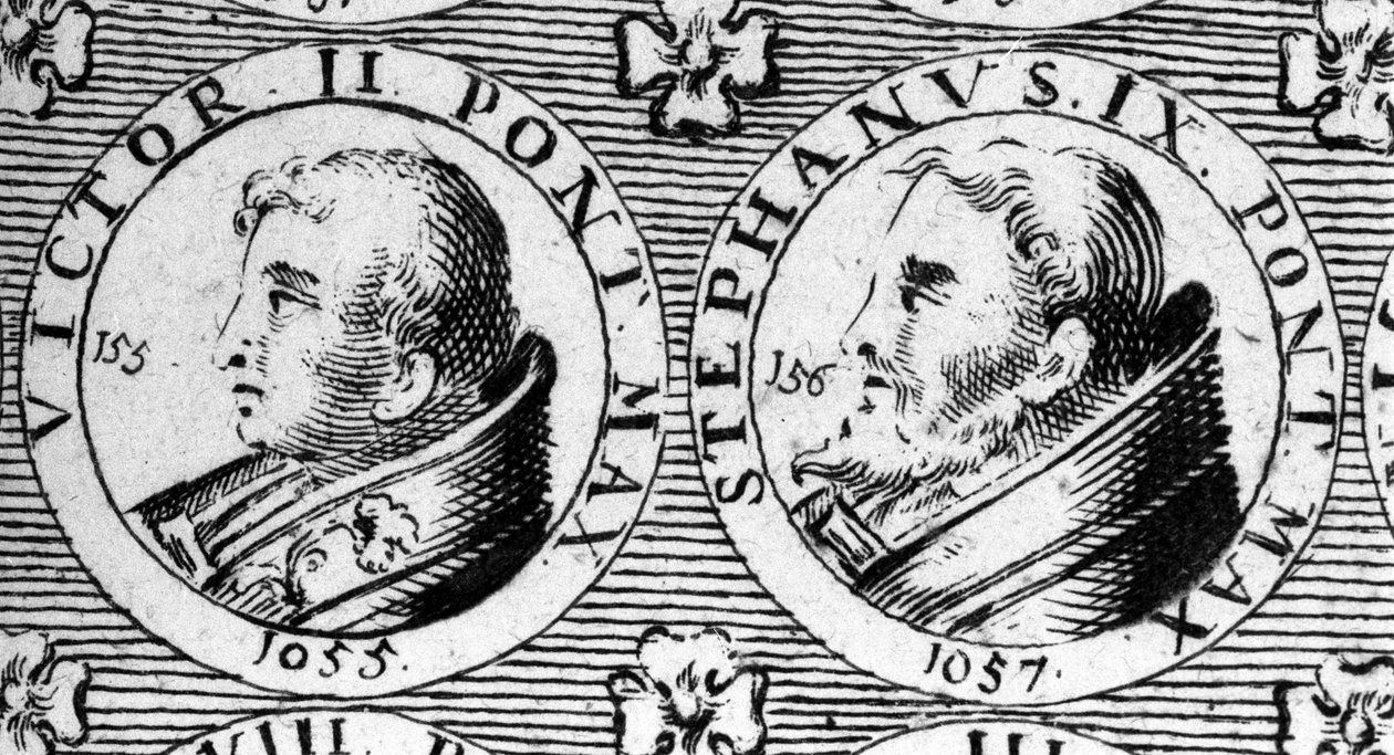 Papalar Victor II (veya Victor 2 1057 öldü) ve Stephen IX (veya Stephane 9 1058 öldü). 18. yüzyılın gravürü. by Unknown artist