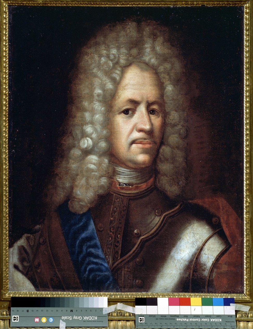 Alexander Danilovich Menshikov, Generalissimo, Kutsal Roma İmparatorluğu Prensi ve Macaristan Dükü (1673-1729) portresi. Anonim resim. Tuval üzerine yağlı boya, 61 x 50 cm, 1720 civarı. Rokoko sanatı. Devlet Tarih Müzesi, Moskova. by Unknown artist