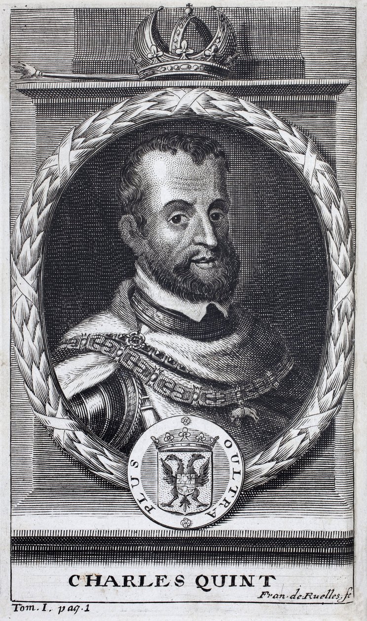 Charles V (1500-1558), İspanya Kralı ve İspanyol Amerika, Sicilya Kralı ve Kutsal Roma İmparatorluğu Cermen İmparatoru (1519-1556) portresi. “Flanders Savaşı Tarihi”ni göstermek için gravür, Flamianus Strada, baskı Joseph T