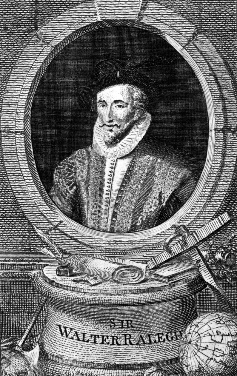 Sir Walter Raleigh (1554 - 1618), İngiliz saray gezgini ve yazar portresi. 18. yüzyılın gravürü. by Unknown artist
