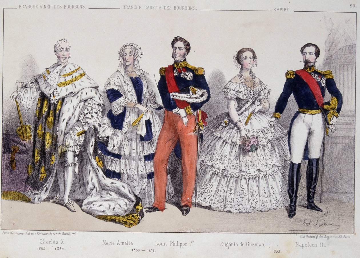 Bourbonların portresi. Soldan sağa: Charles X (1757-1836), Marie Amelie (1782 - 1866), Louis Philippe I (1773-1850), Eugenie de Guzman (1826-1920) ve Napolyon III (1808-1873). by Unknown artist