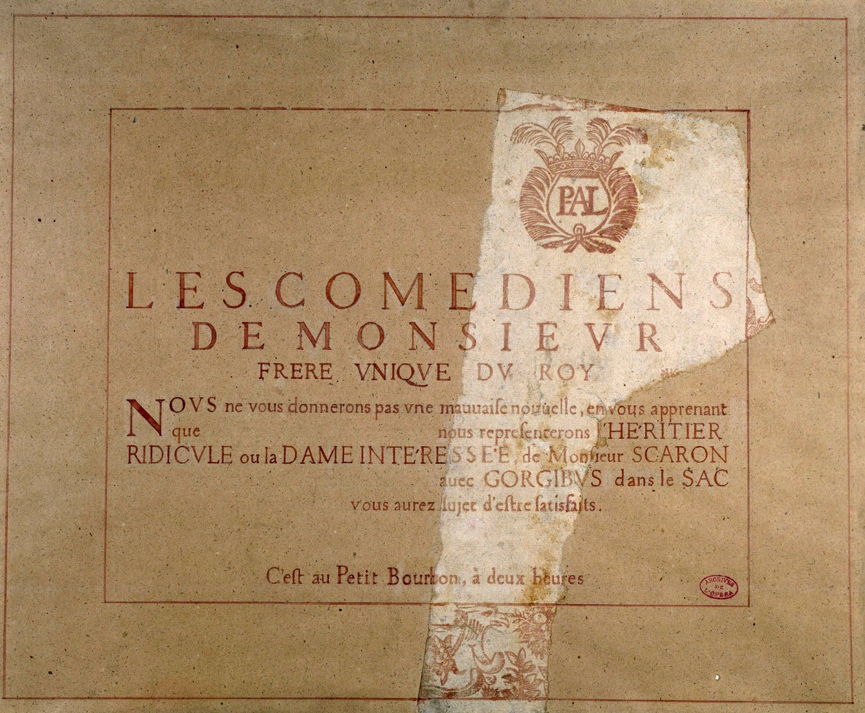 Paul Scarron'un "L'heritier alayı"nın (veya "La dame interessee") Paris'teki PetitBourbon'da, yaklaşık 1659-1660'taki performansını açıklayan "Les comediens de Monsieur" tiyatro şirketinin afişi. Paris. Küt by Unknown artist