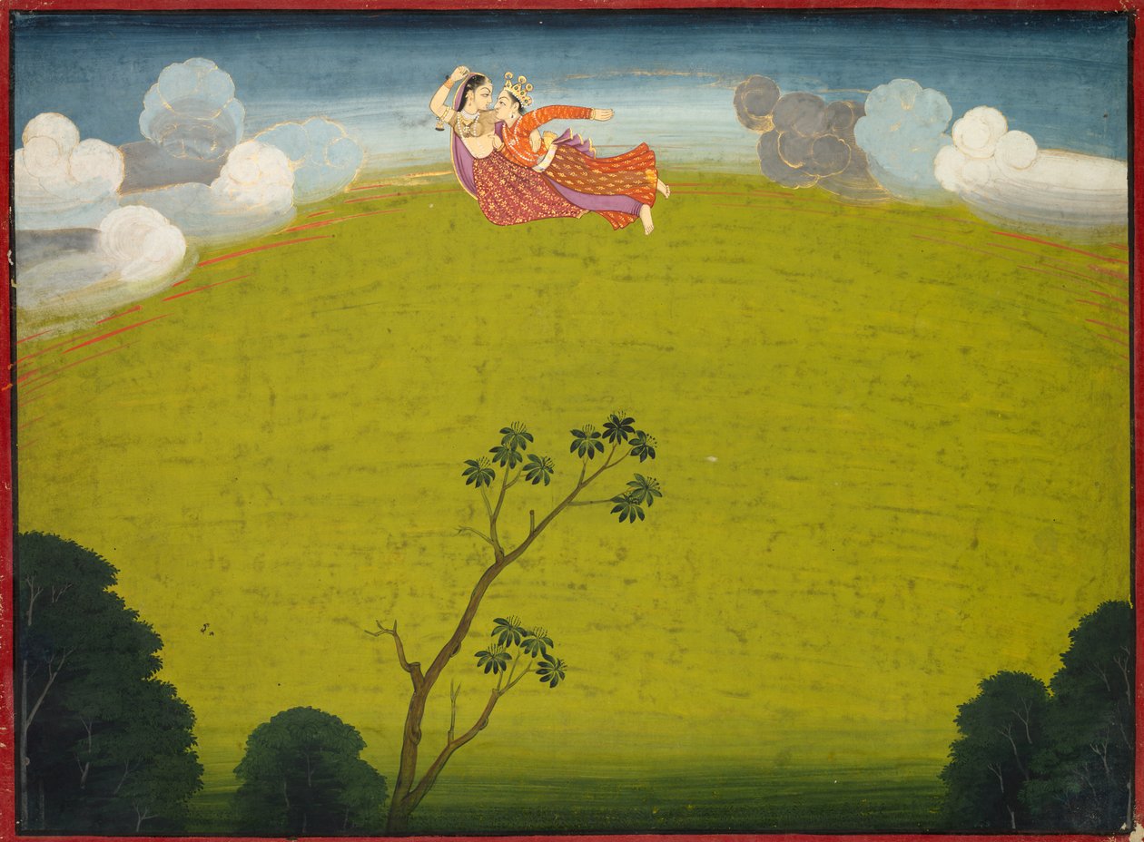 Pradyumna ve Mayavati, Büyük Basohli Bhagavata Purana'dan Dvaraka'ya Uçuyor by Unknown artist