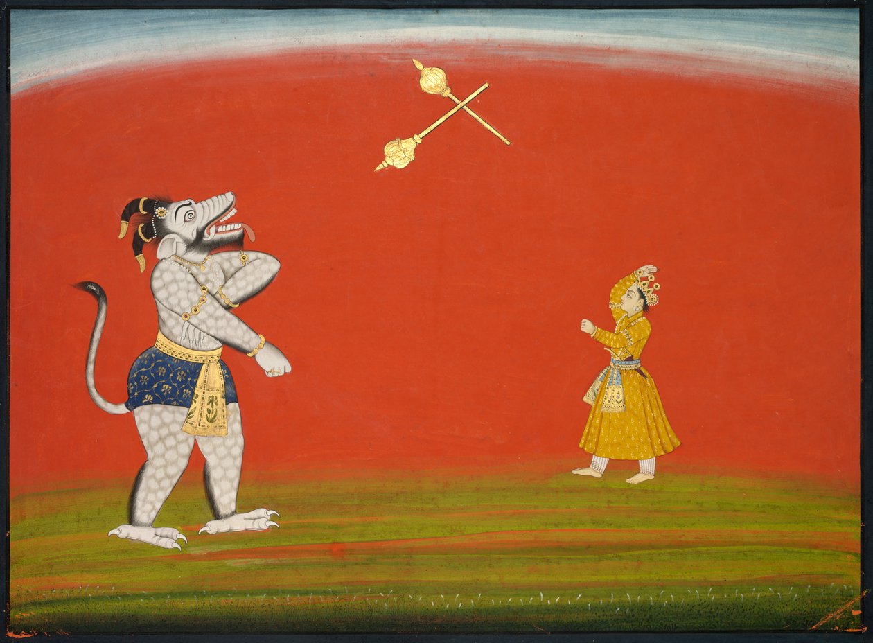 Pradyumna ve Samvara gürzlerle dövüşüyor: "Büyük Basohli Bhagavata Purana"dan yaprak by Unknown artist