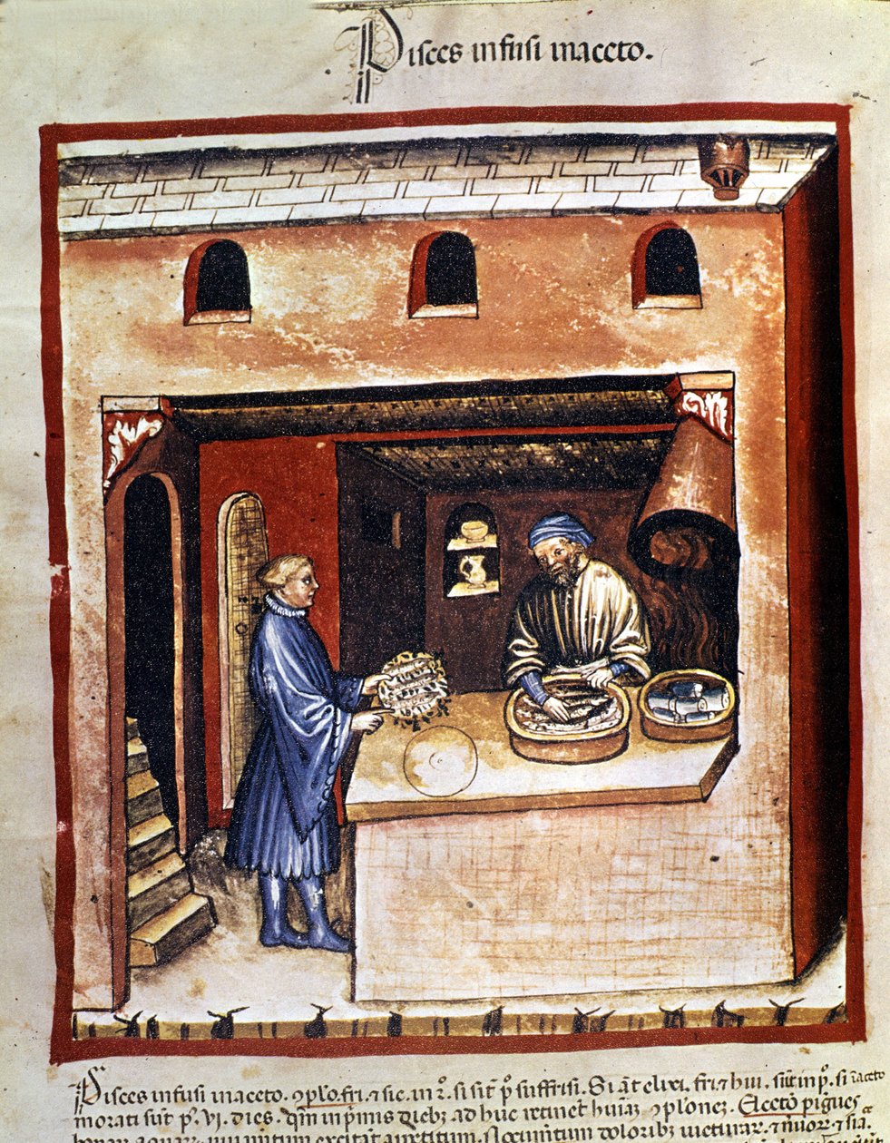 Deniz balıklarının sirke içinde hazırlanması. İlaç ve diyetetik sağımlarından aydınlatma “” Tacuinum sanitatis”” by Unknown artist
