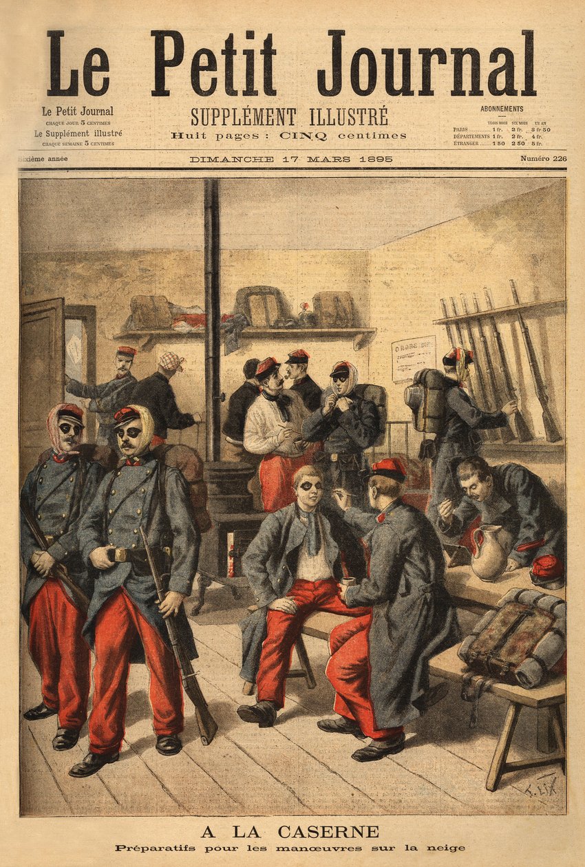 Karda manevralara hazırlanan askerler, dumanlı gözlüklü gözlük takmak yerine siyah isle çevrili. “” Le petit Journal” da gravür 17/03/1895. Selva