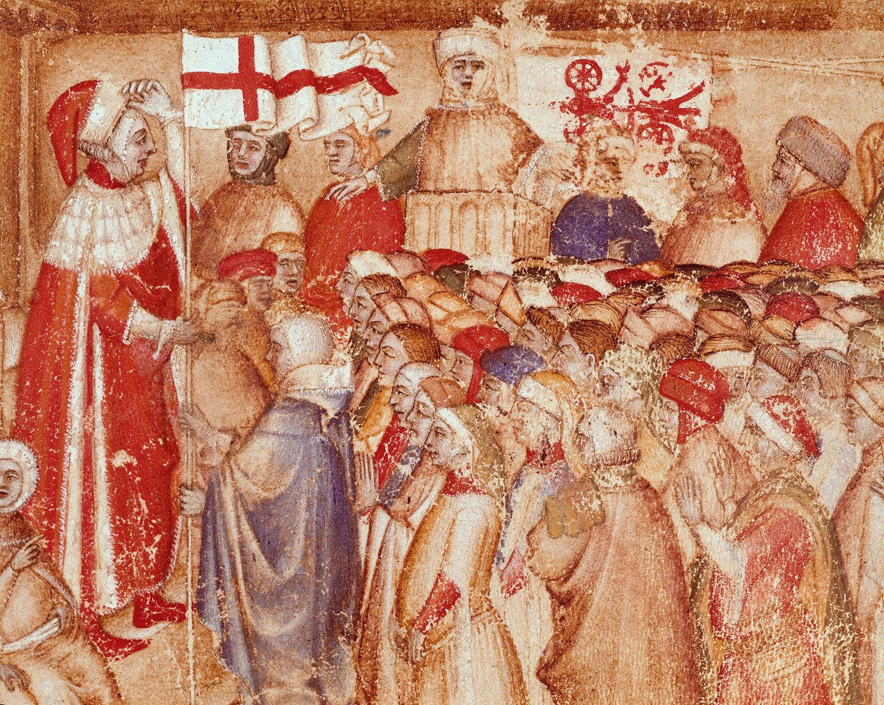 Askeri bayrağın Carraresi ailesinin bir prensine sunulması, Padua kasabasının lordları “Chronica Carrariensibus”tan minyatür (Carraresi ailesinin Günlükleri) 14. yüzyıl Biblioteca Capitolare, Padua by Unknown artist