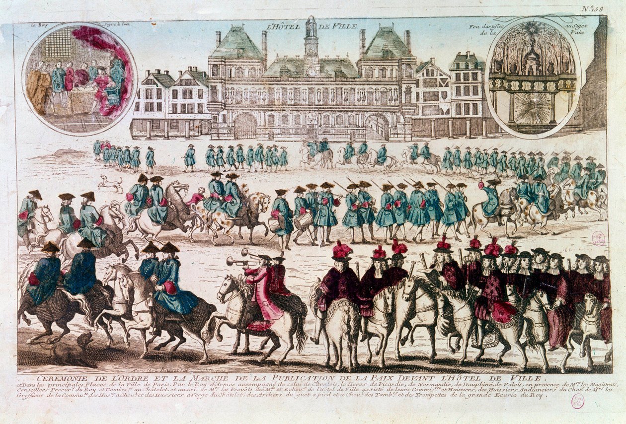 Belediye Binası (Place de Greve) önünde Barış Yayını Töreni vesilesiyle geçit töreni. 18. yüzyılın gravürü B.N. Paris by Unknown artist