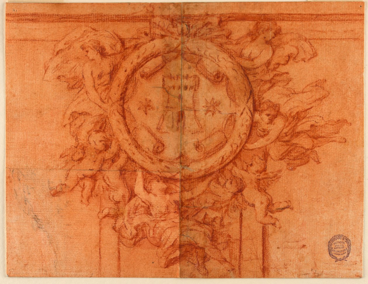 Duvar dekorasyonu projesi (Kadın figürleri ve putti, armalı dairesel bir madalyonu destekler) by Unknown artist