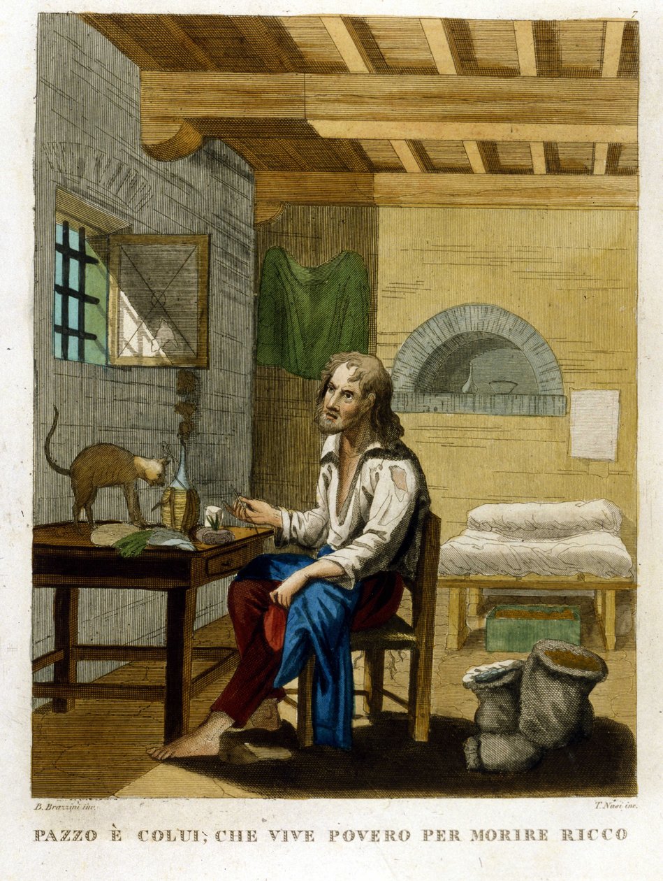 Açgözlülüğü anlatan atasözü: "Fakir yaşayıp zengin ölmek". by Unknown artist