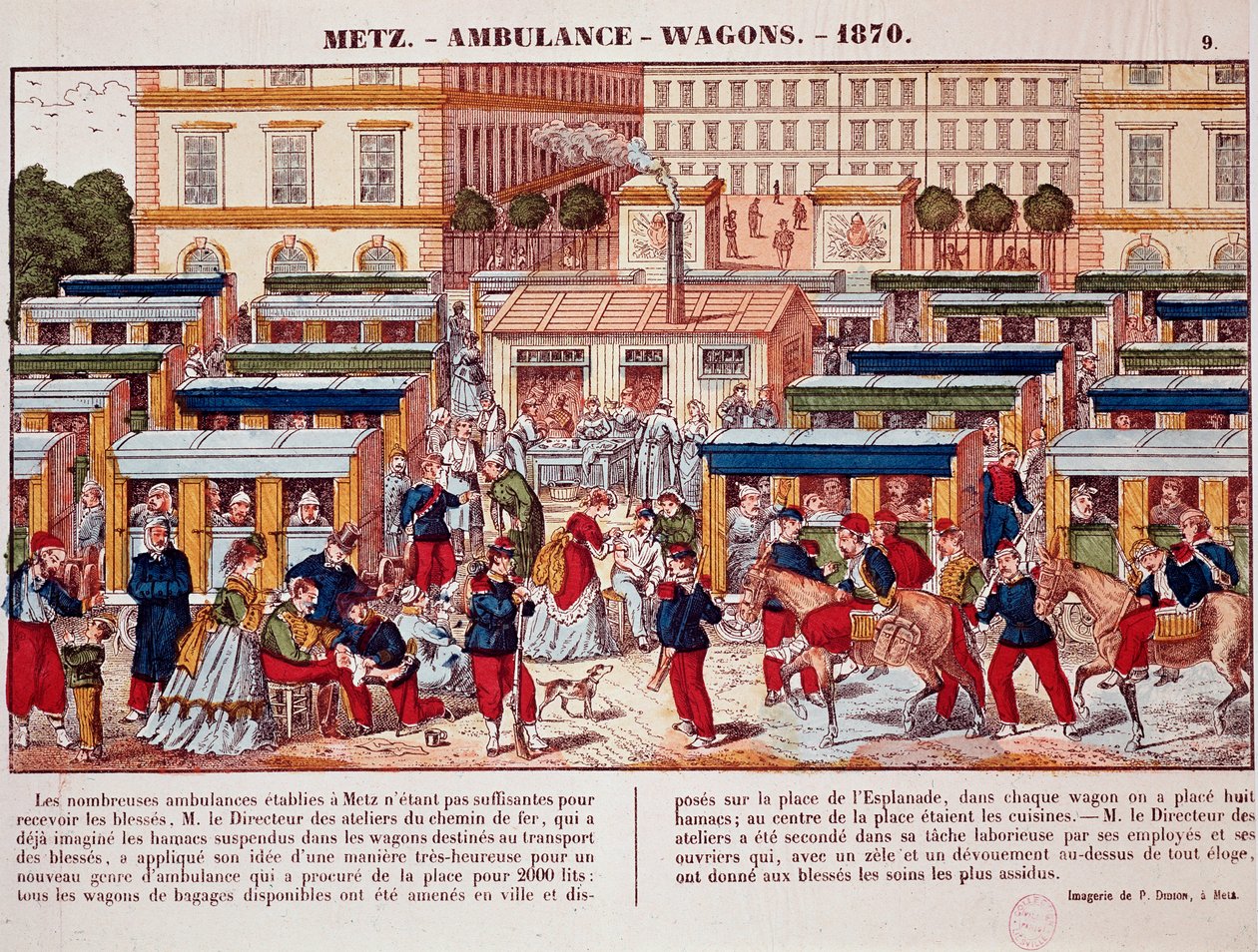 Prusya savaşı: Ambulans olarak kullanılan demiryolu vagonları, Metz, Fransa by Unknown artist