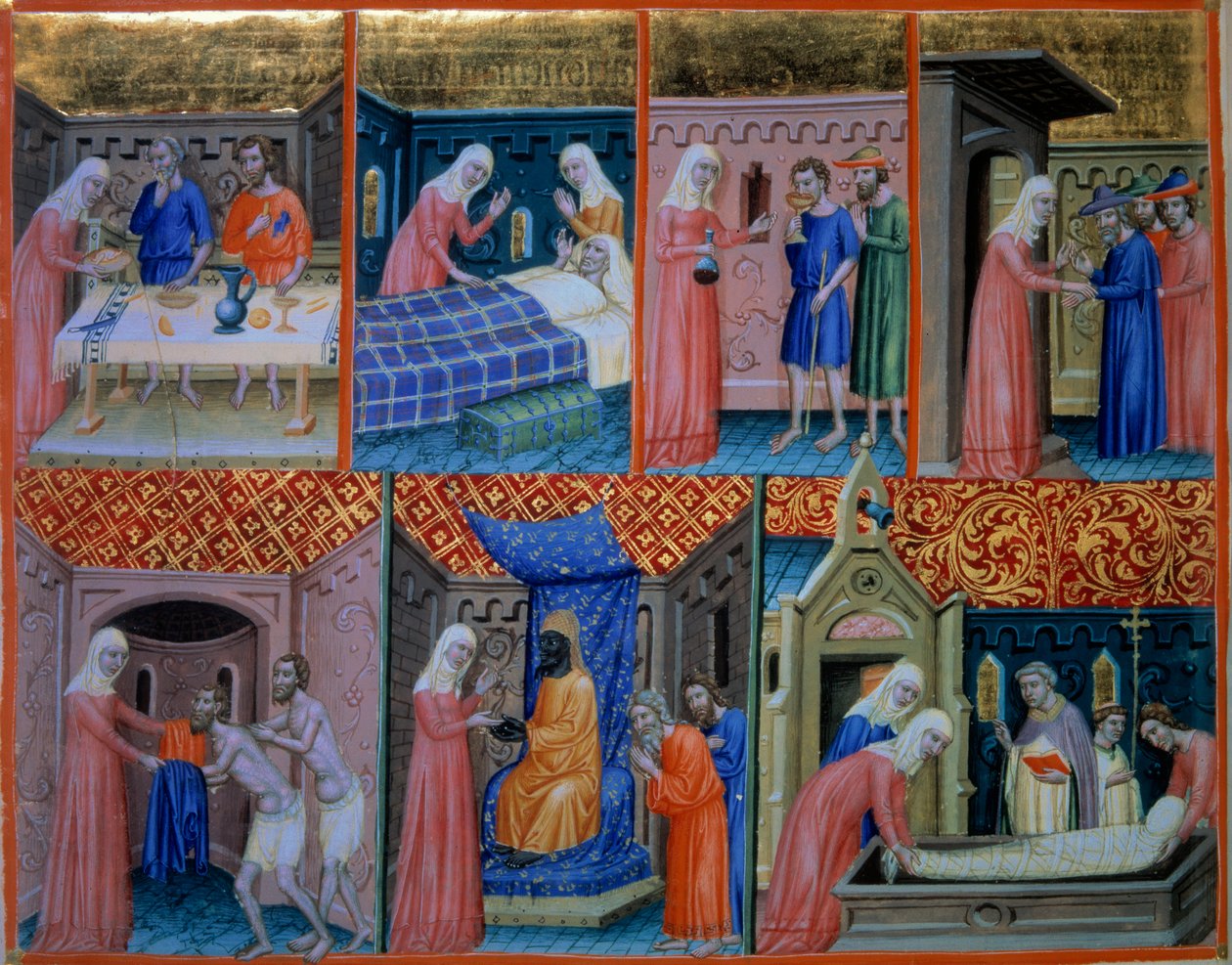 Mezmur 88: Hayırseverlik. Sofrada iki fakire hizmet eden, hastayı ziyaret eden, iki esiri içen, yolcuları karşılayan, elbise veren, esir satın alan ve ölüyü gömen kadın. Minyatür “” Psalter of Canterbury” (f.156v), v.1200-1250. BN, by Unknown artist
