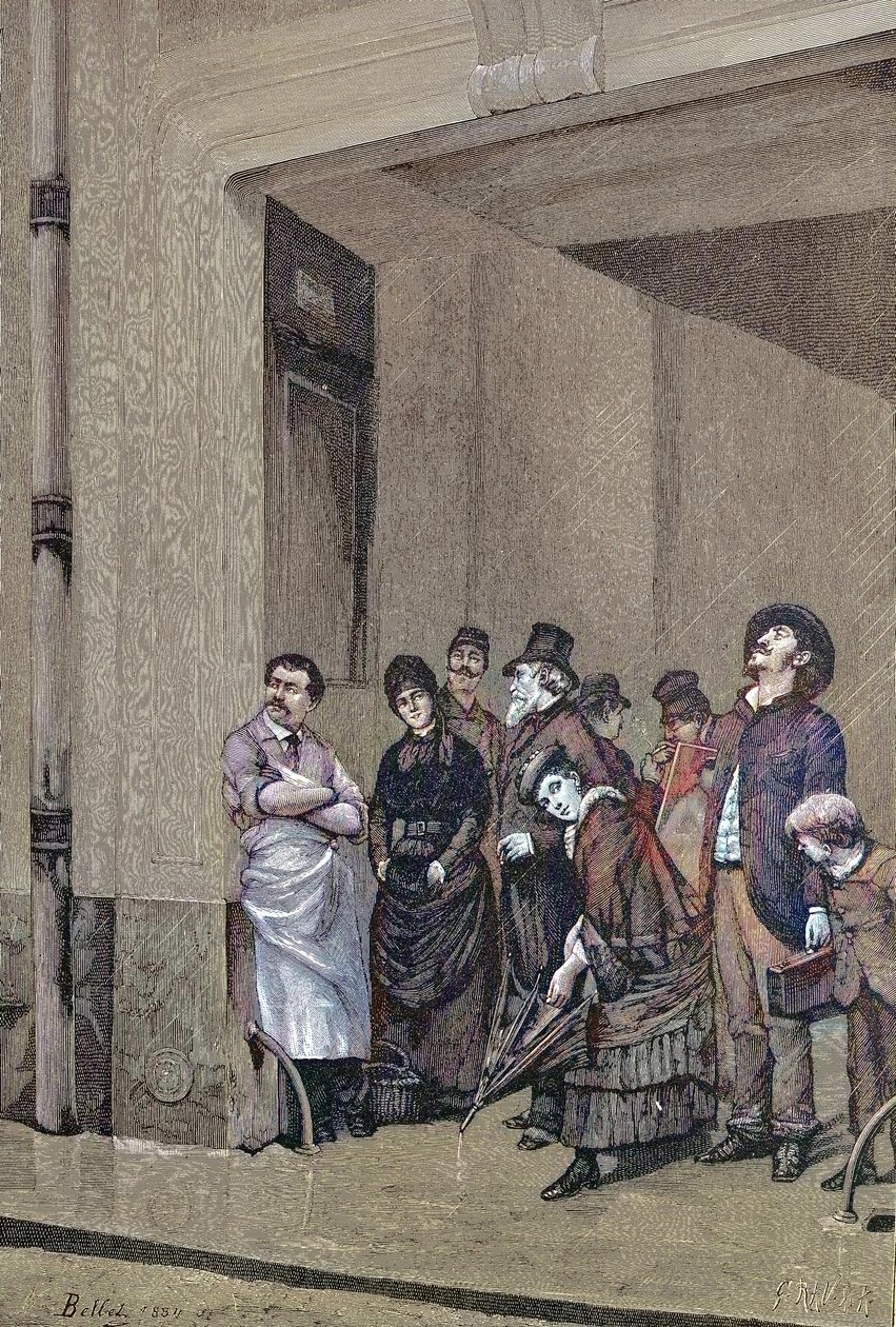 Yağmurlu Hava, Çatı Altında Durup Yağmurun Durmasını Bekleyen İnsanlar, A. Bellet'in Tablosu by Unknown artist