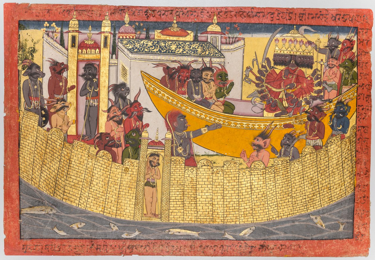 Ravana'nın kız kardeşi, iblisler “Shangri” Ramayana'dan Sita'yı yakalamak için ayrılmaya hazırlanırken burnunun Lakshmana tarafından kesildiğinden şikayet ediyor. by Unknown artist