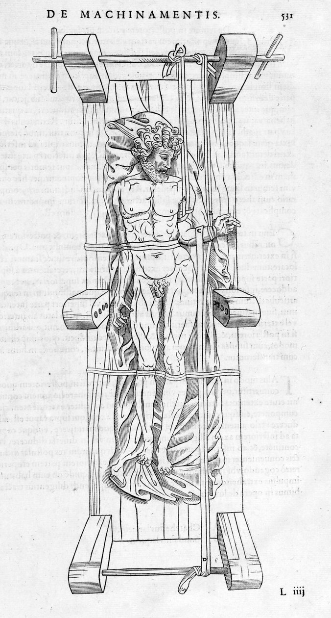 Kırıkların azaltılması: Bir adam bir sedyeye sabitlenir, kırık kolu iki eksen arasında gerilir. Carlo Stefano Riverio, Paris 1545 tarafından “” De dissectione partium corporis humani lbri tres... “” adlı resimli plaka. by Unknown artist