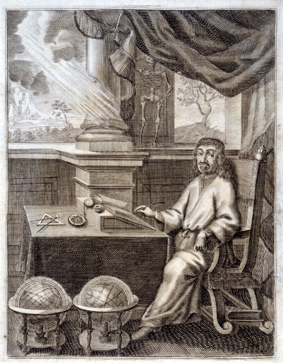 René Descartes (1596 - 1650) bilimsel ekipmanla ofisinde. 17. yüzyılın gravürü. by Unknown artist