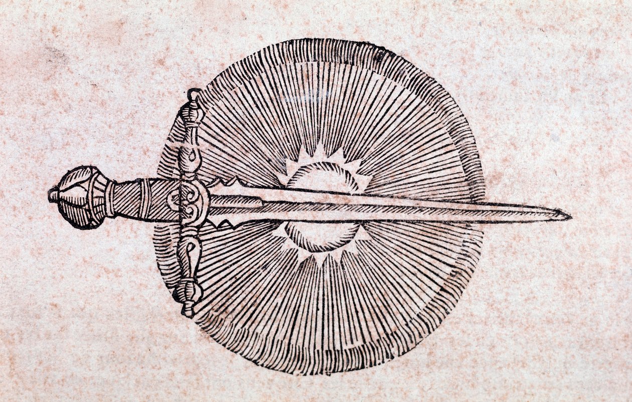 Bir kuyruklu yıldızın gökyüzünü mızraklayan bir kılıç olarak temsili (Gravür) by Unknown artist